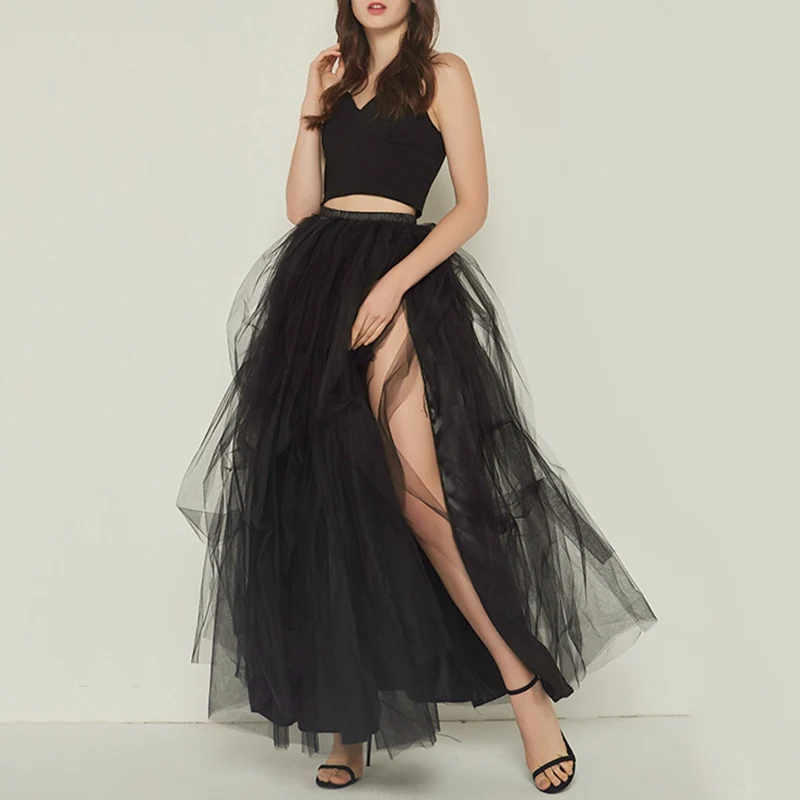 Женская Черная Тюлевая юбка для особых случаев, 110 см, для свадебного планирования, сексуальная юбка из тюля с разрезом, женская одежда - Цвет: black