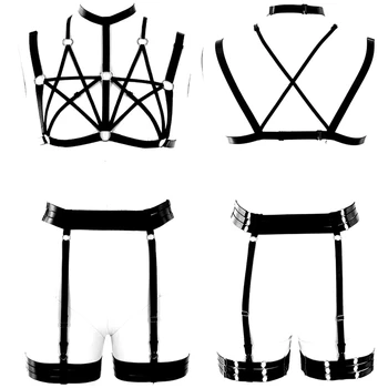 

Body Harness Lingerie Set for women Pentagram Bra Belt Dance Goth Garter Fetish Elastic Adjust size Halloween Festival Rave Wear