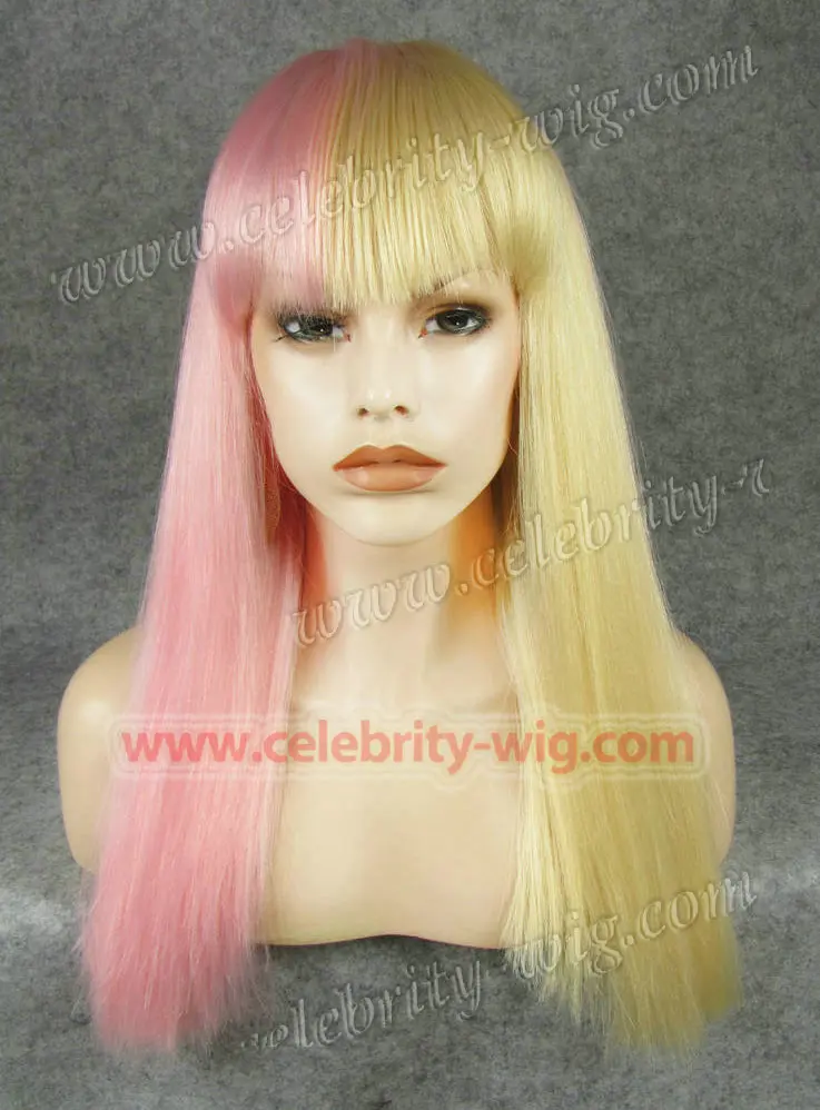 

N11-3100B/613 Half Pink and Half Blonde beautiful silky straight synthetic lace fornt wig with neat bang glueless cosplay wig