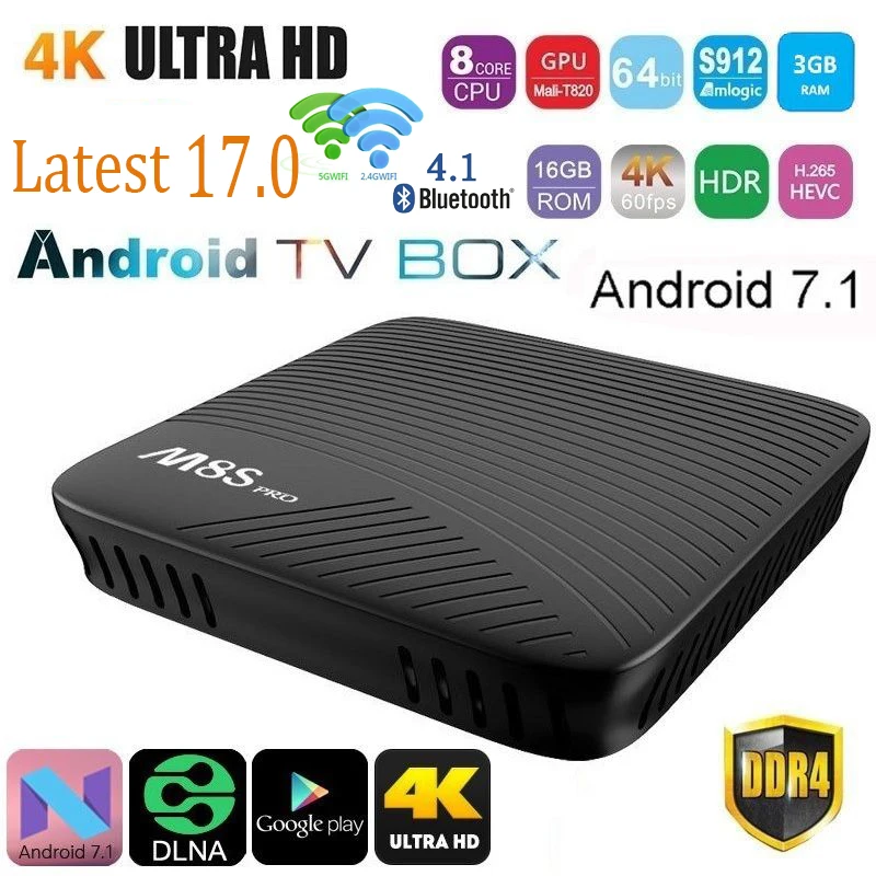 

M8S PRO Smart Android 7.1 TV Box Amlogic S912 Octa-core 3GB DDR4 32GB 2.4G&5G WiFi BT 4.1 Airplay Miracast 4K Media player