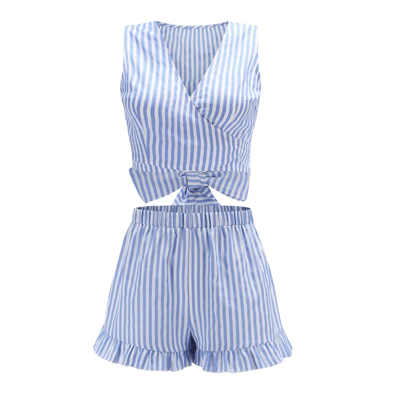 Missufe Stripe Ruffles Women Sets Sexy Exposed Navel Crop Tops And High Waist Shorts Wrap V Neck 2 Pieces Sets 2019 Summer Suits