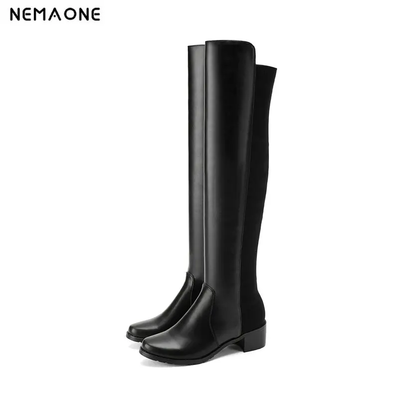 

NEMAONE 2019 Women Knee High Boots Casual Elegant Winter Shoes Square Heel Pu +ltcra All Match Fashion Women Boots Size 34-43