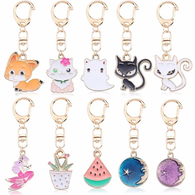 

DIY Anime Ainimal Cute Cat Kechain For Women Kawaii Kitty Keychain Fox Mermaid Moon Metal Key Chain Jewelry Gift Drop Shipping
