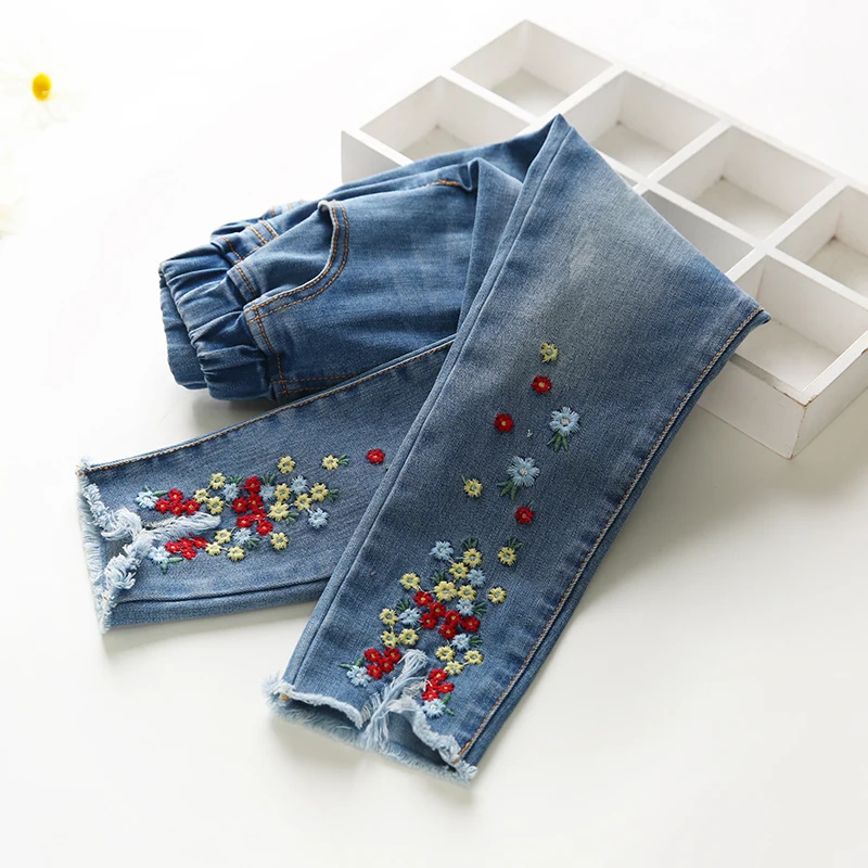 

Spring autumn 2018 flowers embroidery jeans for girls kids ripped jeans pants elastic waist teenager girl denim jeans for 3-12Y