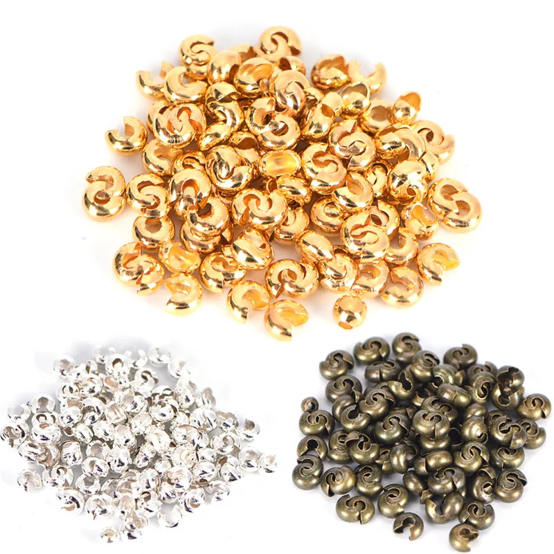 New High Quality! 100PCs Silver/Gold/Bronze Plated Alloy Crimp Beads Round Covers 4.5mm & 3.5mm