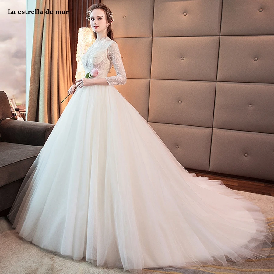 

Vestido de noiva2019 new sexy V neck lace pearl long sleeve A Line princess wedding dress tail amanda novias pregnant bride