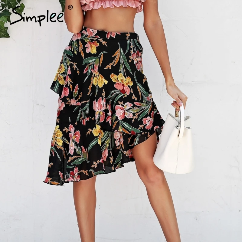 Simplee Boho кружевной Цветочный рисунок юбка женская ассиметричный с высокой талией