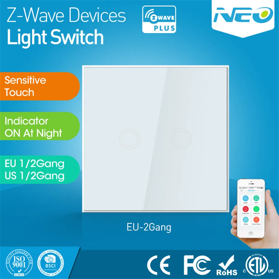 

NEO Coolcam Home Automation Z-Wave Plus 2CH EU Light Switch Wall Touch Switch Compatible with Z-wave 300 series and 500 series