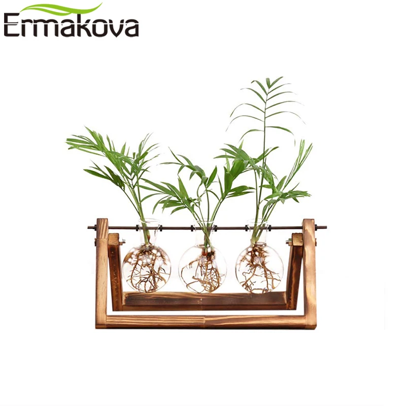 ERMAKOVA настольная стеклянная лампа для растений, ваза, твердый металлический поворотный держатель для гидропоники, деревянная подставка, украшение для дома, свадьбы