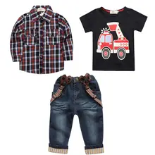 Летняя детская одежда для мальчиков комплект одежды для детей, рубашка с длинными рукавами в клетку и джинсы, одежда для мальчиков