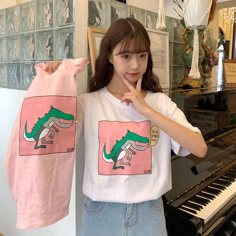

2019 New Ins Summer Women Loose Short Sleeve O-neck Cotton Harajuku Soft Sister Cute Kawaii Cartoon Dinosaur Print T-shirt