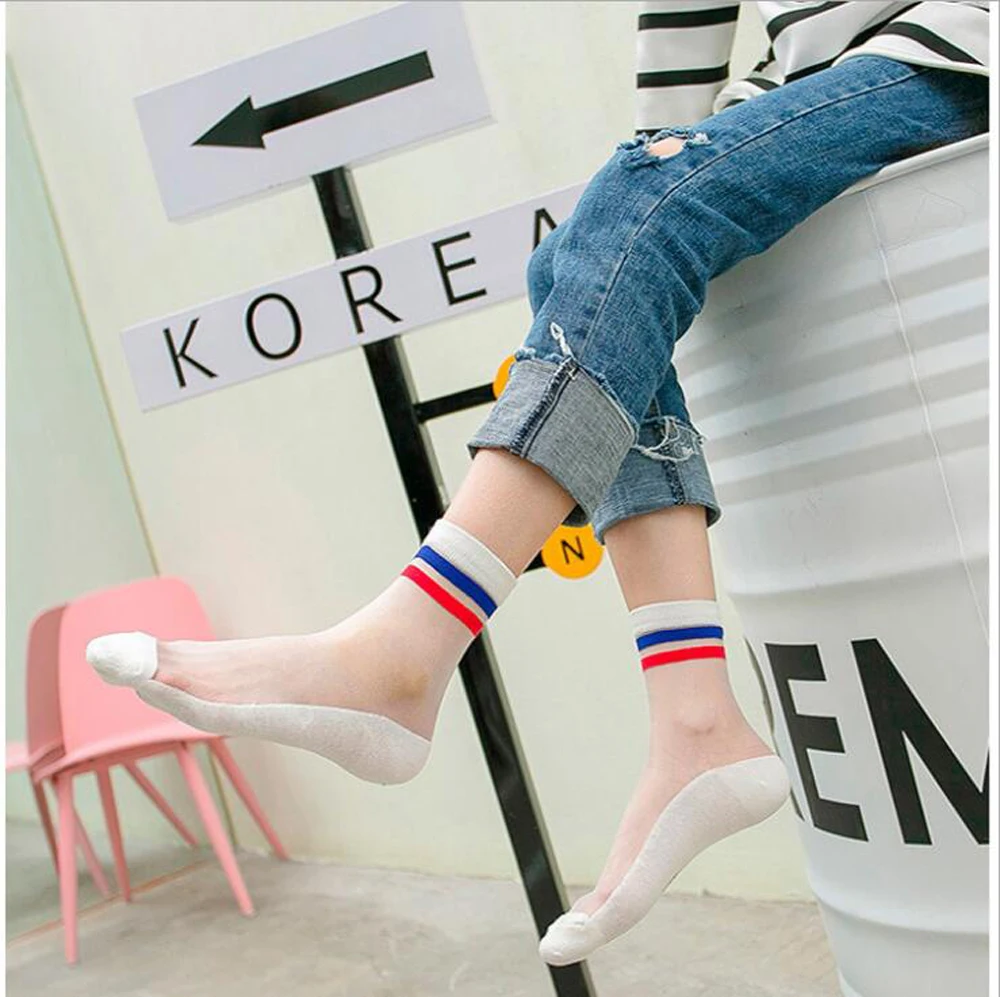 MEILEIYA 10 Pairs=20 Pieces New Summer Glass Silk Socks Ladies Fashion Crystal Rayon Socks High Quality Ladies Breathable Socks