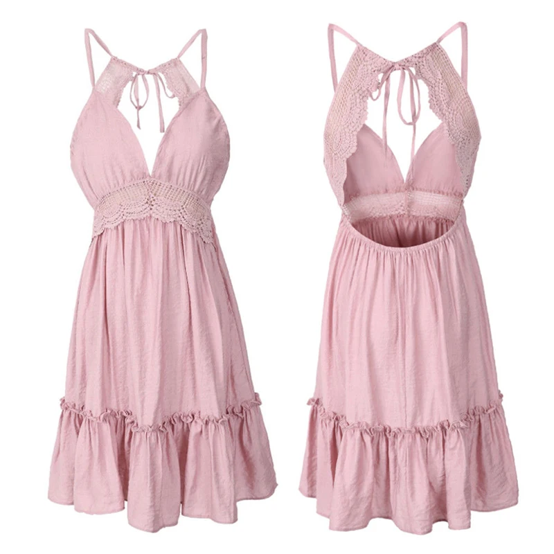 Женское Летнее цветочное мини-платье, вечернее элегантное кружевное платье без рукавов с открытой спиной, Пляжное платье, сарафан, Модный женский костюм - Цвет: Розовый
