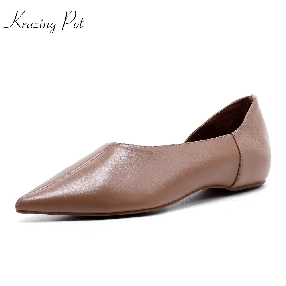 

Krazing pot 2019 Spring Summer genuine leather solid increased internal med heels pointed toe shallow lazy office lady pumps L66