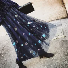 Летние женские юбки из сетчатой пряжи, плиссированная сетчатая юбка с вышивкой планеты для девочек, Длинная женская юбка феи