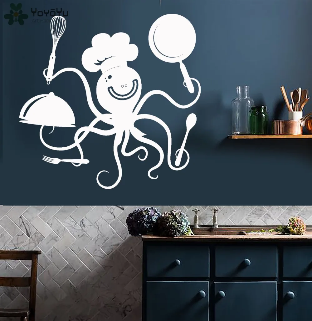 

Kitchen Wall Decal Funny Octopus Chef With Pots And Pans Pattern Restaurant Vinyl Wall Stickers Modern Design Animal Decor SY148