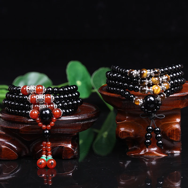 

New Fashion 6mm Black agate Yellow crystal Tibetan Buddhist 108 Prayer Beads Necklace Gourd mala Prayer Bracelet for Meditation