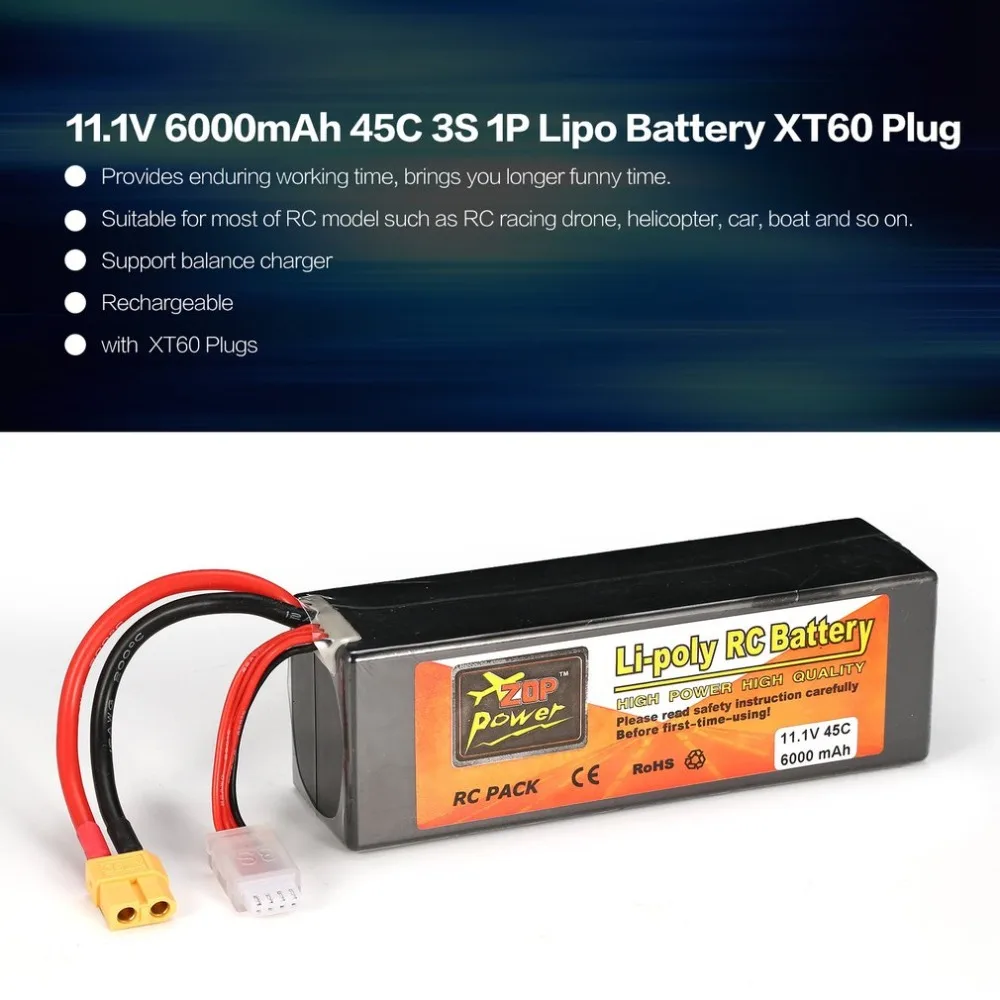 

ZOP Power 11.1V 6000mAh 45C 3S 1P Lipo Battery XT60 Plug Rechargeable for RC Racing Drone Quadcopter Helicopter Car Boat Model