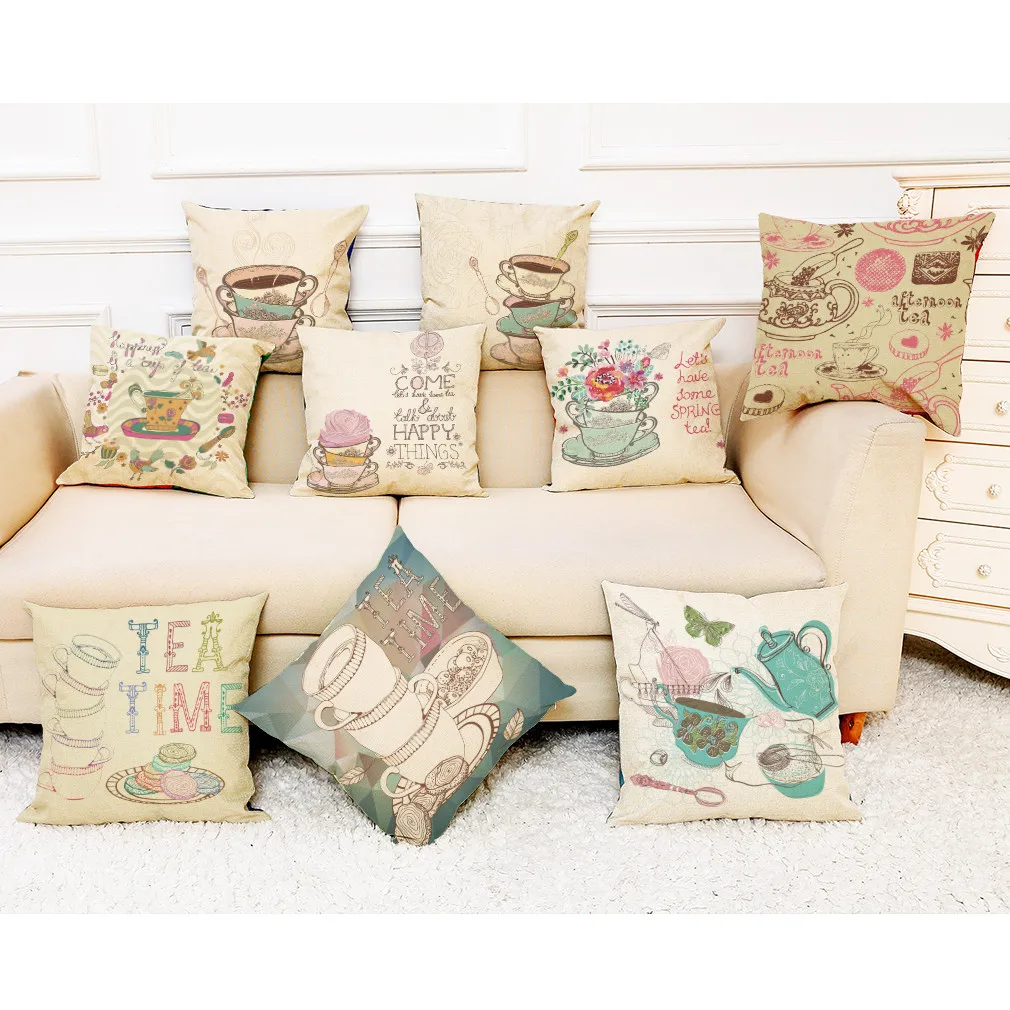 

Coffee Cup Pattern Cushion Cover Graffi Style Simple Linen Pillowcase Sofa Car Bed Throw Pillow Covers Home Decor