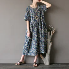 Johnature женщин новое летнее винтажное платье из хлопка и льна тонкое дышащее удобное платье с цветочным принтом и круглым вырезом