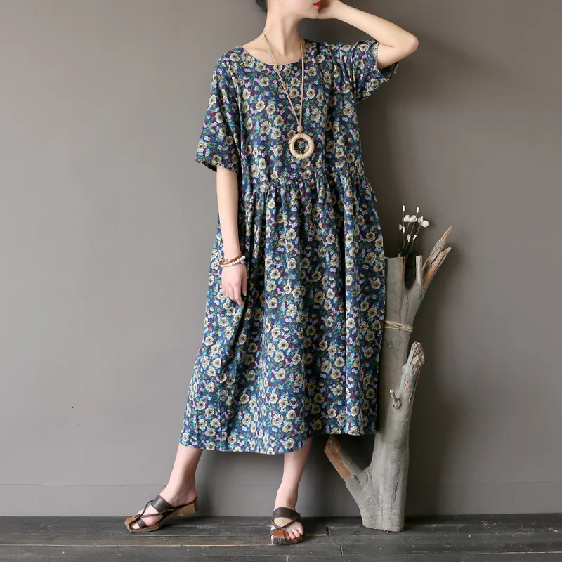 

Johnature Women 2019 New Summer Vintage Dress Cotton Linen Thin Breathable Comfortably Print Floral O-Neck A-Linen Dresses