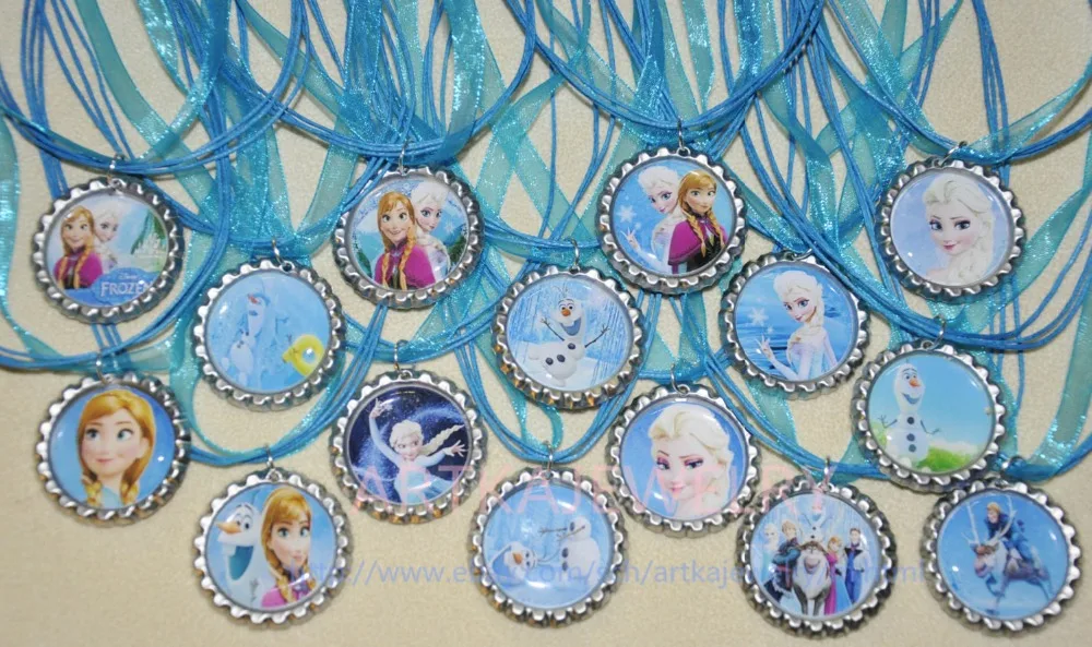 

Set of 30 Elsa Anna" inspired Flat Bottlecap Organza Ribbon Necklaces!! RB028