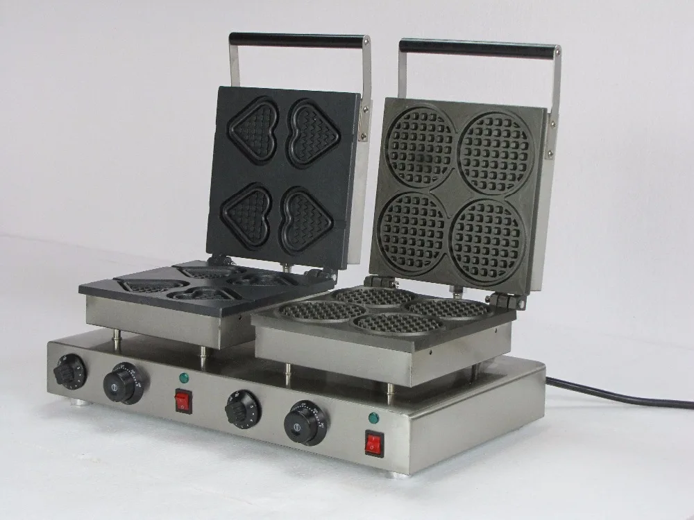 Double head Heart shaped waffle maker and four slices round belgian