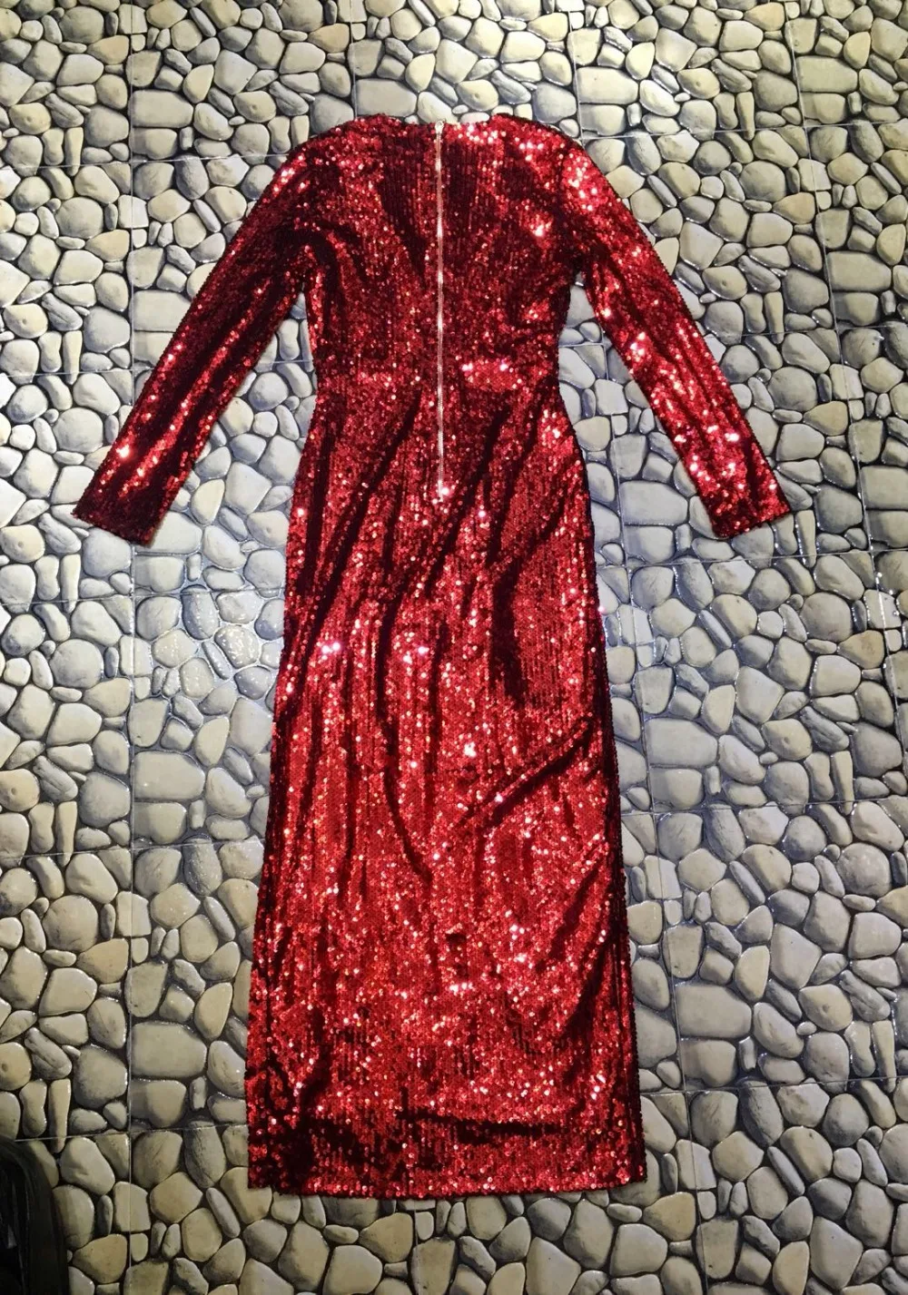 High Quality Wine Red Long Sleeve Bright V-neck Open Fork Dress New Year Party Dress (3)