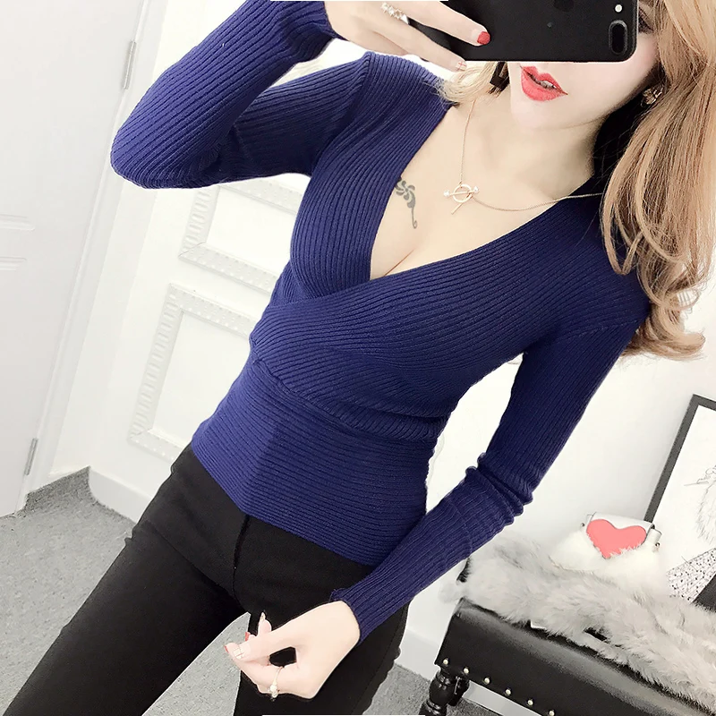 

2017 Autumn Women Slim Sexy Deep V-neck Knitting Full Sleeve Pullovers Sweaters Girls Knitted Solid Knitwear For Female BH4638