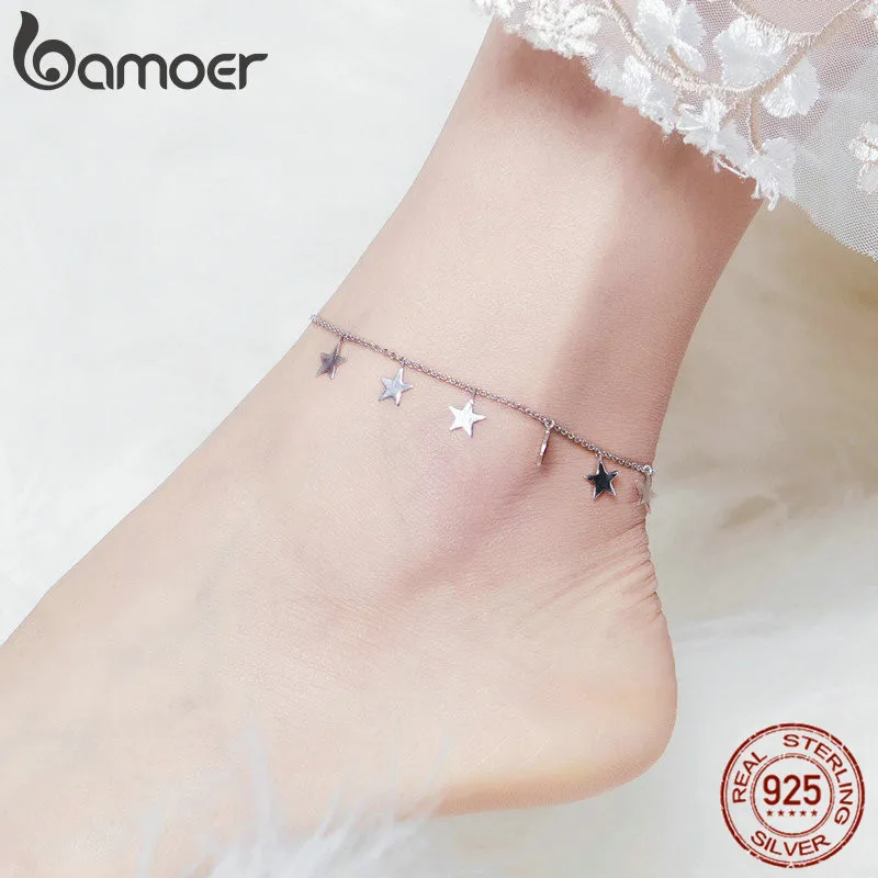 

bamoer Bright Stars Chain Silver Anklets for Women Sterling Silver 925 Fashion Leg Jewelry Bracelet for Foot 2019 Summer SCT008