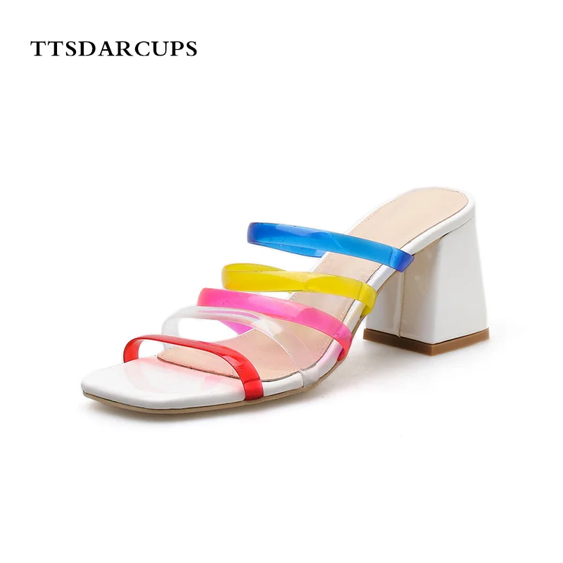 

New slippers woman Fashion Outside Wear Coarse-heeled Coloured Sandals Transparent ribbon Slippers summer Plus Size 35-40