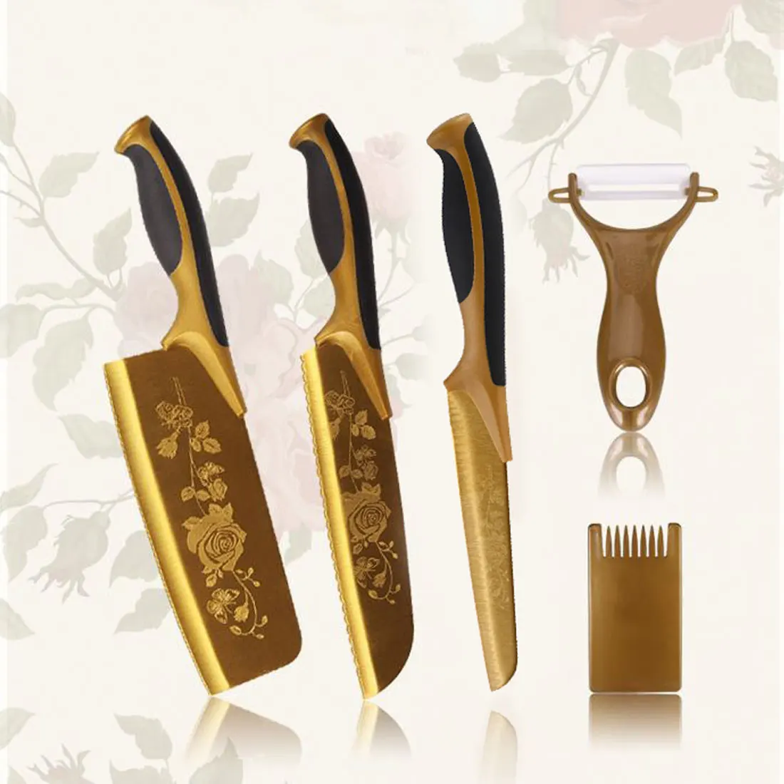 

5pcs Gold Titanium Rose Peony Flower print Knife Set Chef Paring Fruit Knife Vegetable Knives Cooking Tool