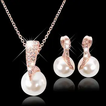 

Wedding Jewelry Set Bride Rose Gold Crystal Faux Pearl Pendant Necklace Earrings dubai jewelry sets wedding jewelry