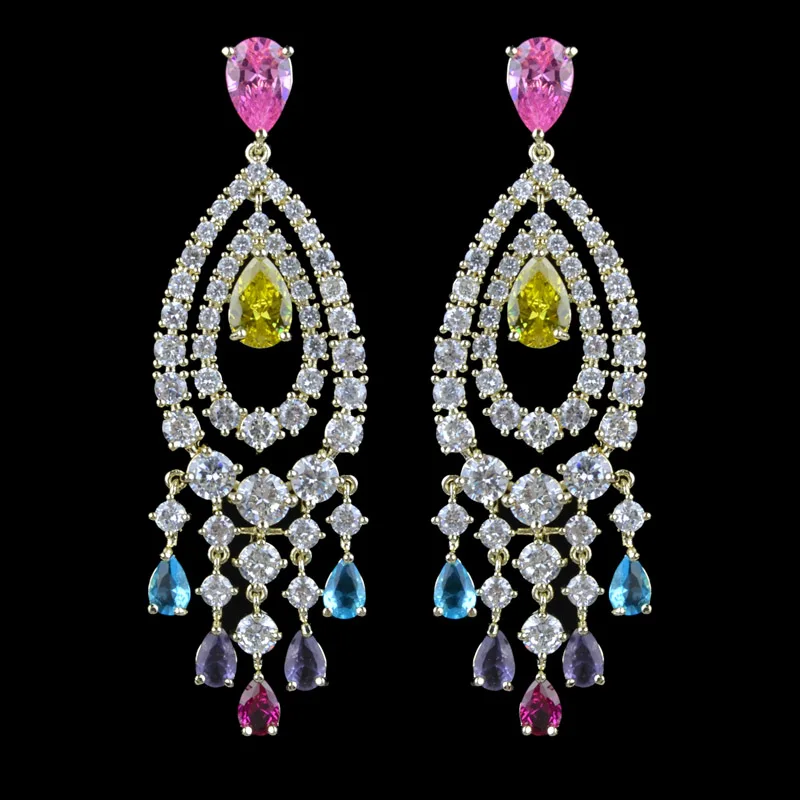 

New design sparkling AAA multicolor Cubic Zirconia tassel earrings for women,high quality fashion party wedding jewelry earrings