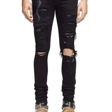 Американский уличный стиль модные мужские джинсы Slim Fit змея вышивка панк рваные джинсы для мужчин брендовая Дизайнерская обувь уличная хип хоп