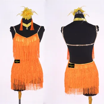 

Lady Sexy Latin Dance Dress For Ladies Orange Color Fringe Skirts Women Professional Performance Ballroom Exercise Dresses SALS