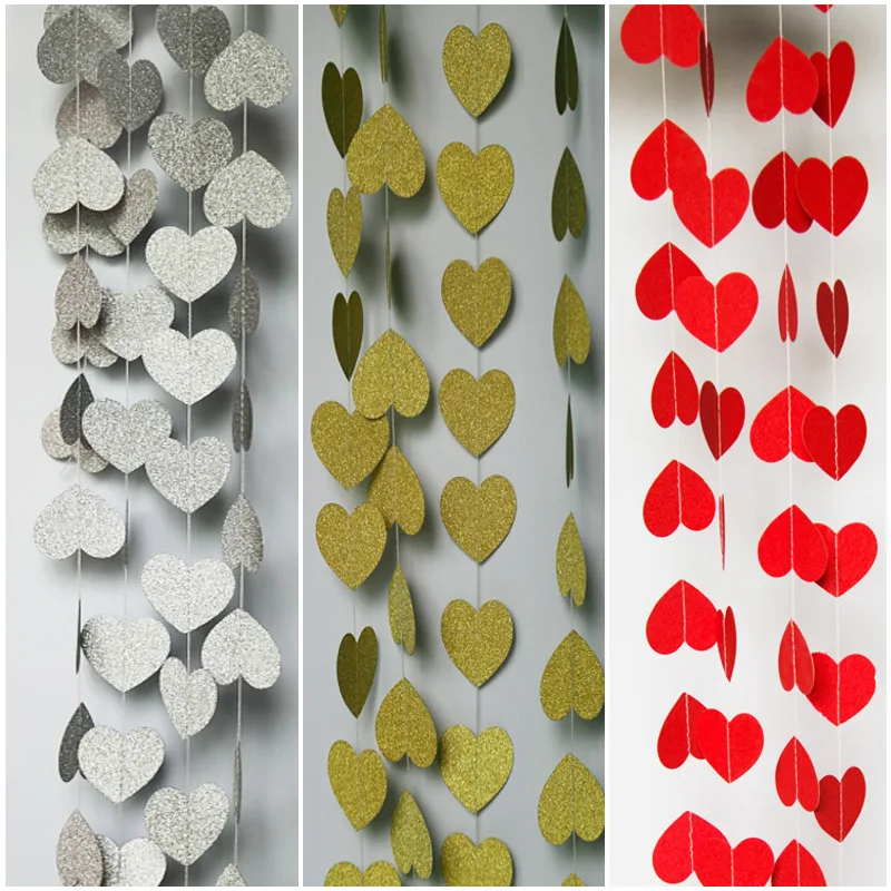 4M Paper Garland Valentines Day Decoration Wedding Garland Heart Banners Photo Prop Paper Heart Garland Gold/Sliver