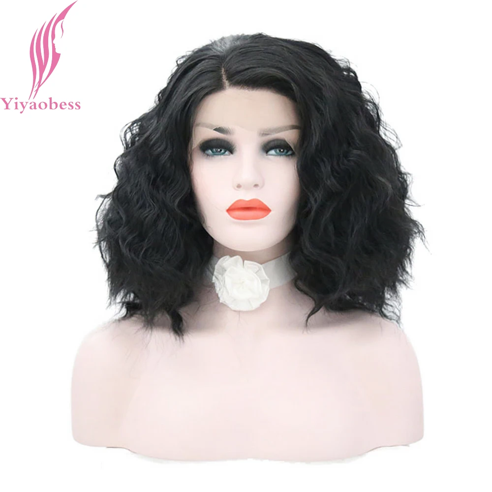 Yiyaobess 14inch Short Curly Lace Front Wig Black Hair Synthetic