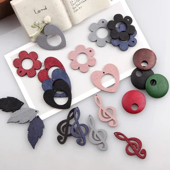 

Newest 50PCs Colorful Woode Pendant Charms Kawaii Hollow Out Flower Love Heart Leaf Musical Circle Earring Necklace Charm Craft