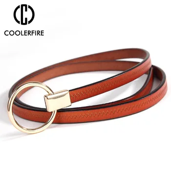 

Women Genuine Leather Skinny Narrow Thin Metal Circle Buckle Waist Belt Waistband Strap Ceinture Belt Women Dress Strap LB081