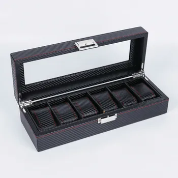 

2019 New 6 Grids Carbon Fibre Pattern Watch Box Watch Holder Storage Box Jewelry Display Rectangle Black Color Case