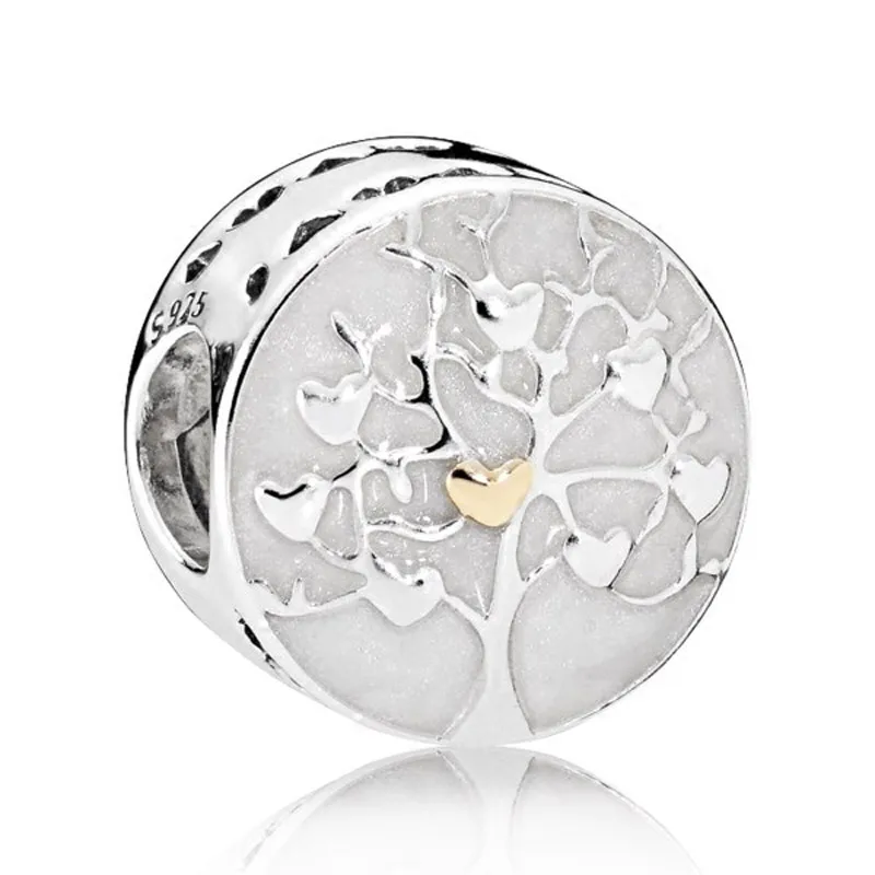 

S925 Sterling Silver Bead Charm With Enamel Family Tree With Gold Color Love Heart Bead Fit Pandora Bracelet Bangle DIY Jewelry