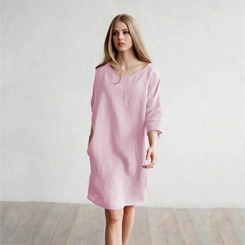 Womens Three Quarter Sleeve Cotton Linen Shirt Dresses Summer Crew Neck