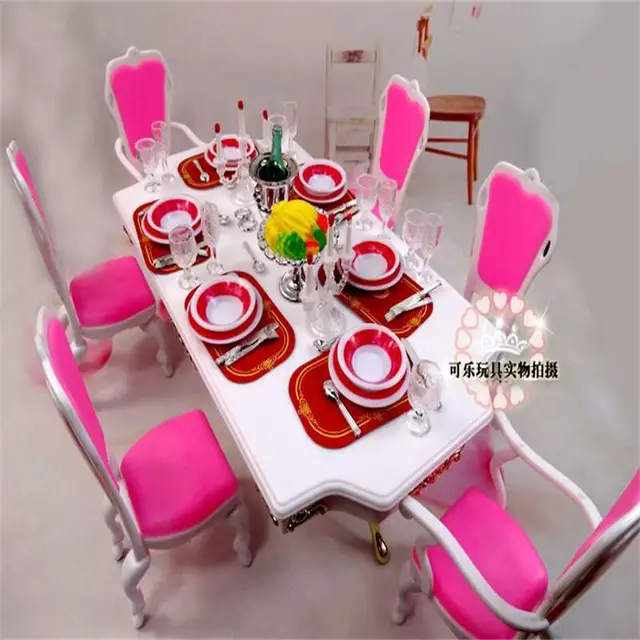 US $25.89 For Barbie Doll Furniture Accessories Plastic Toy Pink Dining Table Tableware Candle Holders Chair 