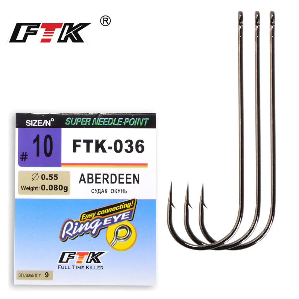

FTK High Carbon Steel Carp Hooks 5-9Pcs/Pack Size 1-10# and1/0-4/0# Super Needle Point and Ring Eye ABERDEEN For Fishing Tackle