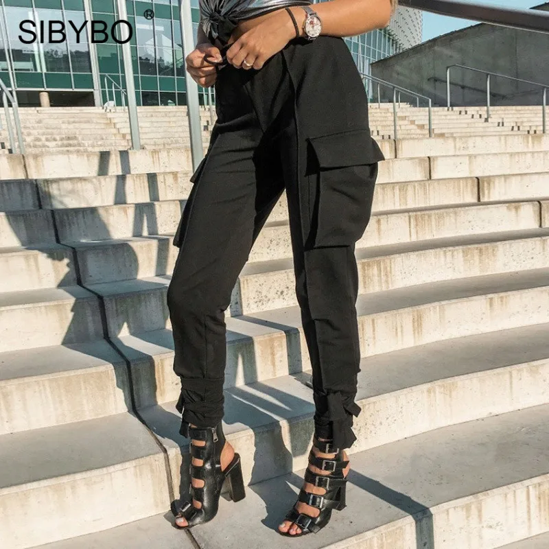 

Sibybo Pockets High Waist Cotton Cargo Pants Women Autumn Bandage Skinny Casual Women Pants Winter Streetwear Ladies Trousers