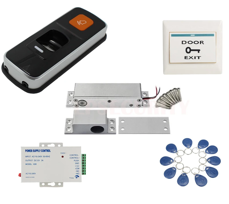 

Biometrics Fingerprint & RFID Reader electric drop bolt lock kit doorbellAccess Control System +10pcs Key tags/10pcs card