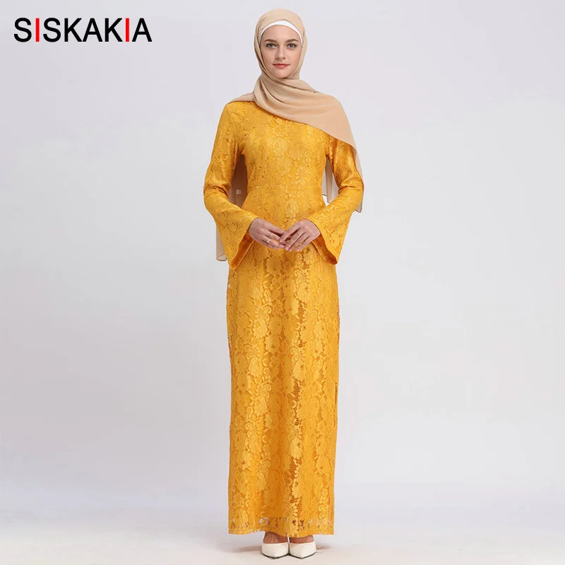

Siskakia Thicken Lace Dress Ankle-Length Elegant Solid A line Party Long Dress Office lady Dinner Evening Wear Maxi Dresses 2018