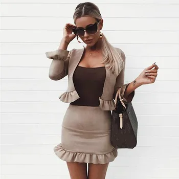 

BKLD Womens Two Piece Sets With Skirts 2019 Female Fashion Long Sleeve Crop Top Coat And Mini Skirt Ruffles 2 Piece Set Women