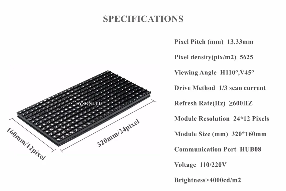 LYSONLED A+ Full Color LED Animation Display P13.33 Outdoor SMD 3-in-1 Full Color LED Display Module 320*160MM 24x12Dots LYSONLED A+ Full Color LED Animation Display P13.33 Outdoor SMD 3-in-1 Full Color LED Display Module 320*160MM 24x12Dots